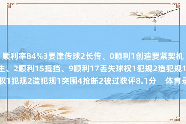 顺利率84%3要津传球2长传、0顺利1创造要紧契机1射门、0射正3过东谈主、2顺利15抵挡、9顺利17丢失球权1犯规2造犯规1突围4抢断2被过获评8.1分    体育录像/图片